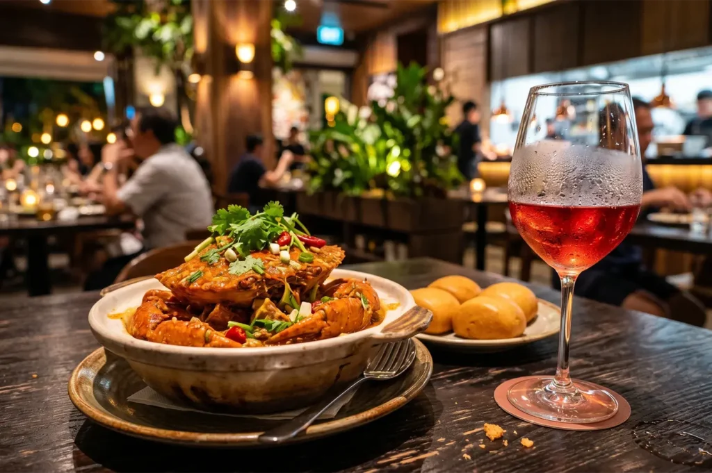 A plate of spicy Singapore chili crab served with mantou buns paired with a glass of chilled rosé wine in a vibrant, upscale restaurant setting.