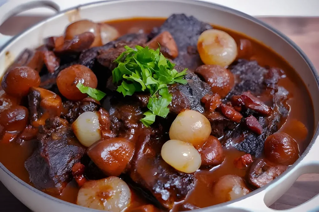 Hearty beef stew in a white pot, featuring tender meat, pearl onions, mushrooms, and a rich brown sauce, garnished with fresh parsley.