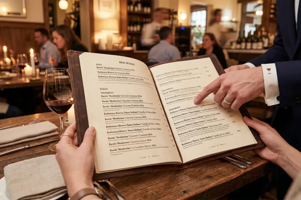 A sommelier pointing to a selection of Barolo and Barbaresco red wines on a leather-bound menu for a guest at a dimly lit restaurant table.