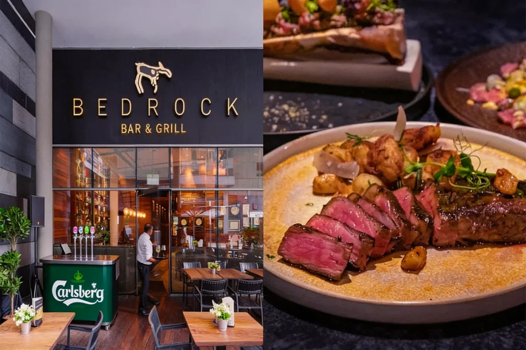 Exterior of Bedrock Bar & Grill with tables and a Carlsberg beer stand on the left; on the right, a plate of sliced steak with garnish and potatoes.