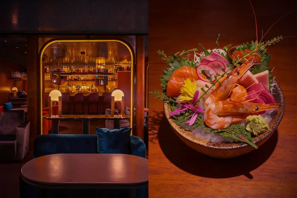 Cozy, dimly lit restaurant interior with a sleek bar and plush seating on the left, and a vibrant, artfully arranged bowl of sushi on the right.