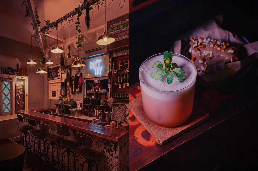 Cozy bar with warm lighting, wooden counter, and hanging plants. A neon "Don't Try" sign glows. Close-up of a cocktail garnished with mint, beside a dessert.