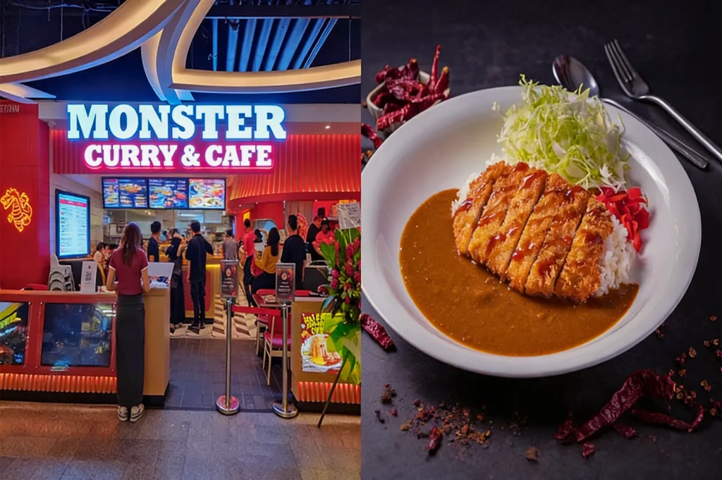 A vibrant Monster Curry & Cafe entrance with a line of customers. Beside it, a plate of Japanese curry with crispy chicken, rice, and shredded cabbage.