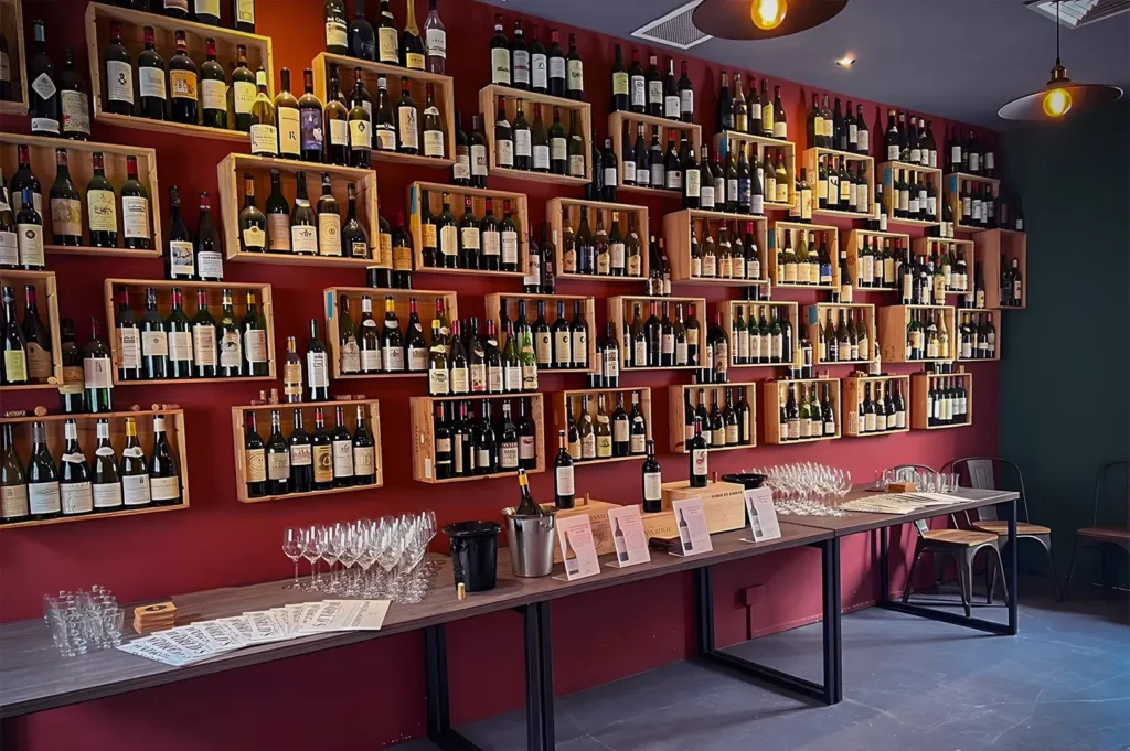 Wall of wine bottles in wooden crates against a deep red background. Long table with glasses and tasting notes. Warm lighting creates an inviting atmosphere.
