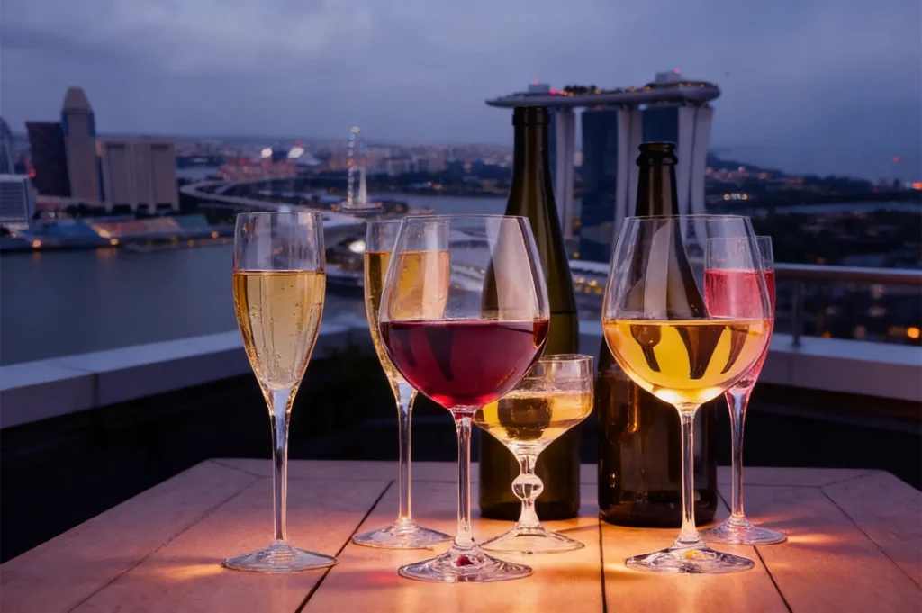 Assorted wine glasses on a wooden table overlooking a city skyline at dusk, featuring prominent modern architecture. The mood is elegant and serene.