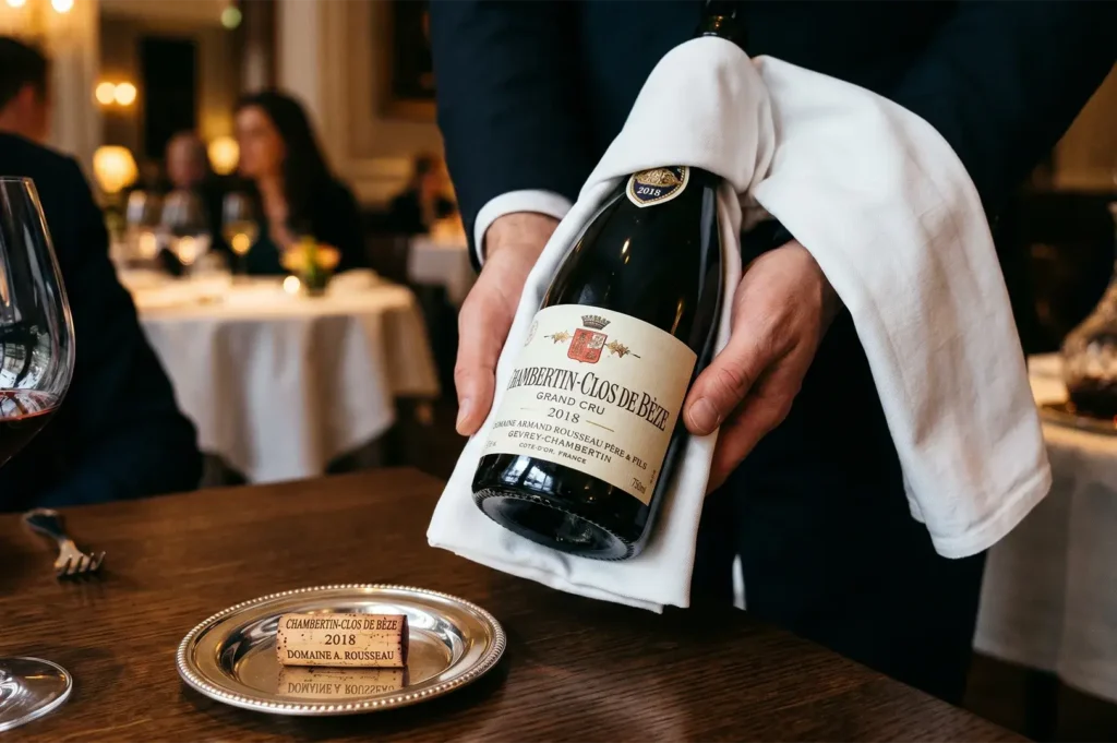 A sommelier presenting a bottle of 2018 Domaine Armand Rousseau Chambertin-Clos de Bèze Grand Cru red wine with a white linen napkin and the cork on a silver tray.