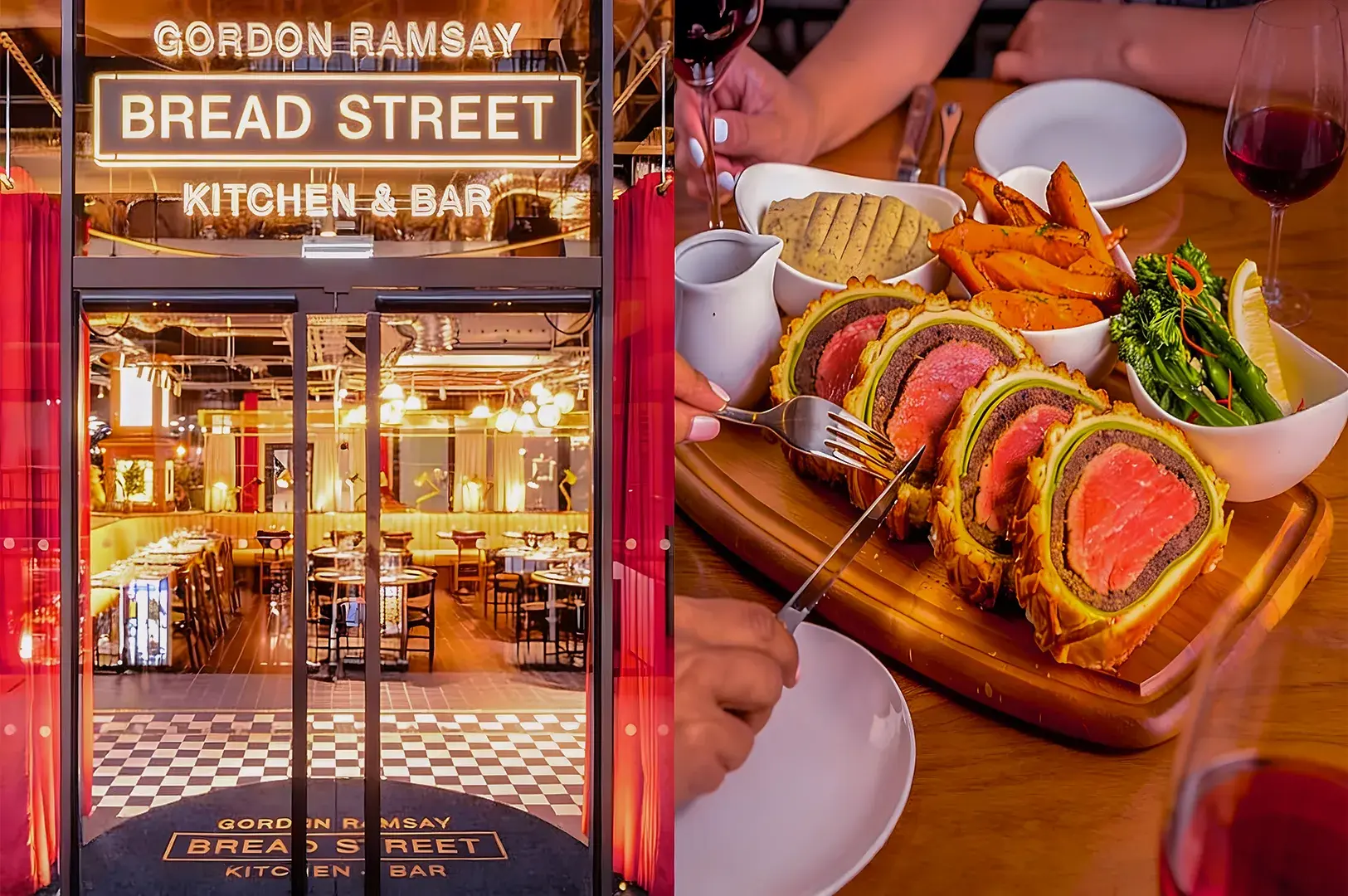 Entrance to "Bread Street Kitchen & Bar," warmly lit with red curtains, and a cozy interior. Beef Wellington served with sides, exuding a gourmet ambiance.