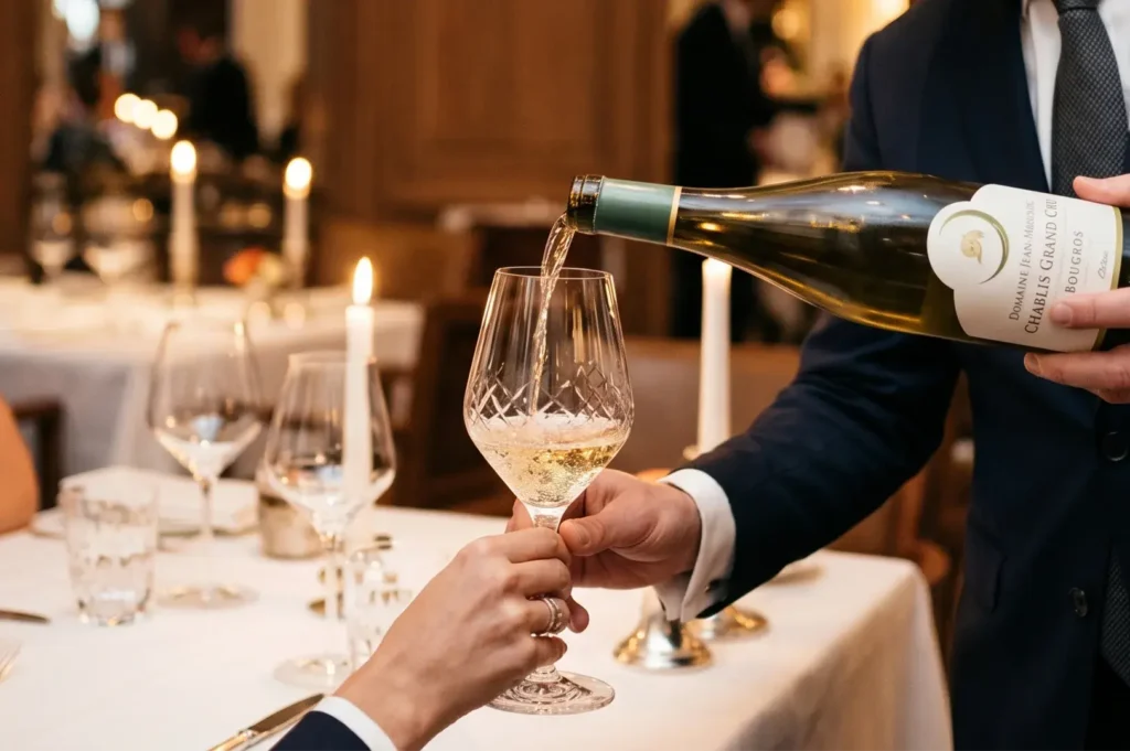 A professional sommelier in a suit pouring a glass of Domaine Jean-Marc Brocard Chablis Grand Cru white wine for a guest in a candlelit fine dining restaurant.