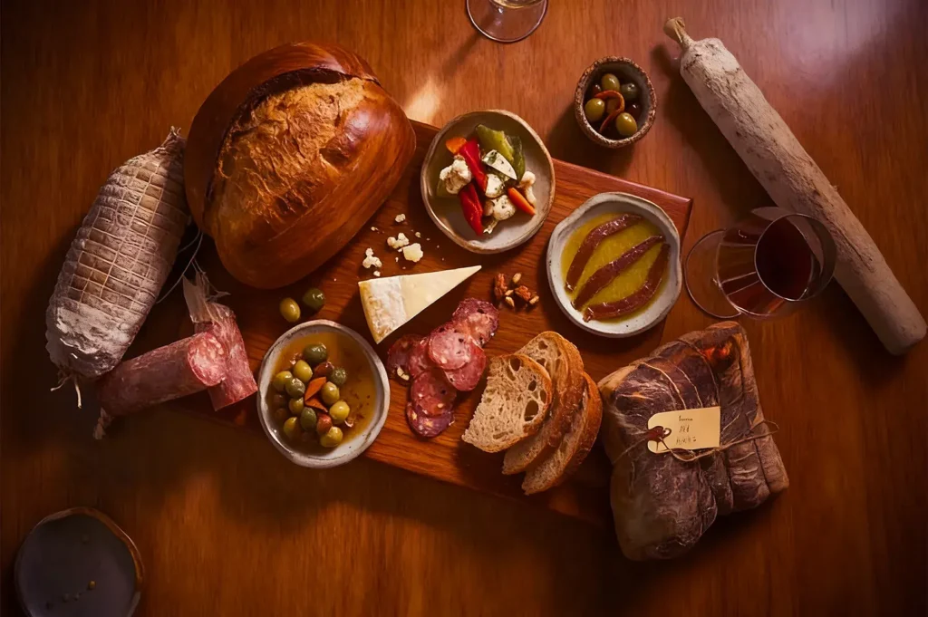A wooden table with a charcuterie board including crusty bread, assorted cheeses, olives, cured meats, pickles, and nuts, paired with red wine.