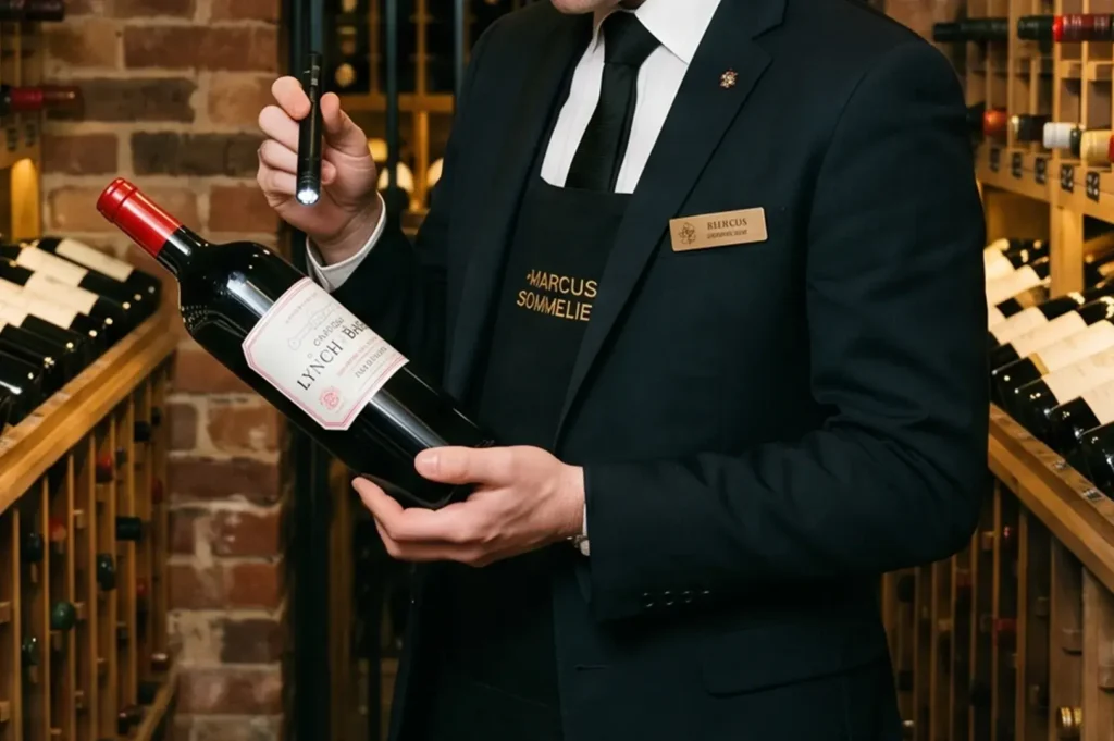 A sommelier named Marcus using a flashlight to inspect a large bottle of Lynch-Bages red wine in a rustic brick-walled wine cellar.