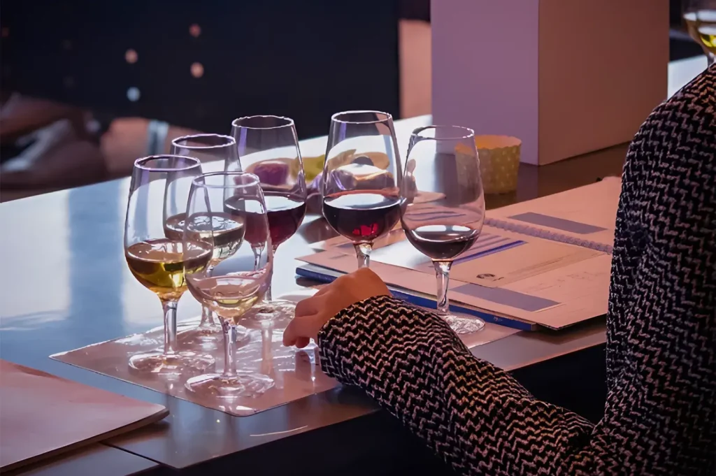 A person in a houndstooth jacket sits at a table with five glasses of wine, arranged by color, with a notepad and pen in the background.