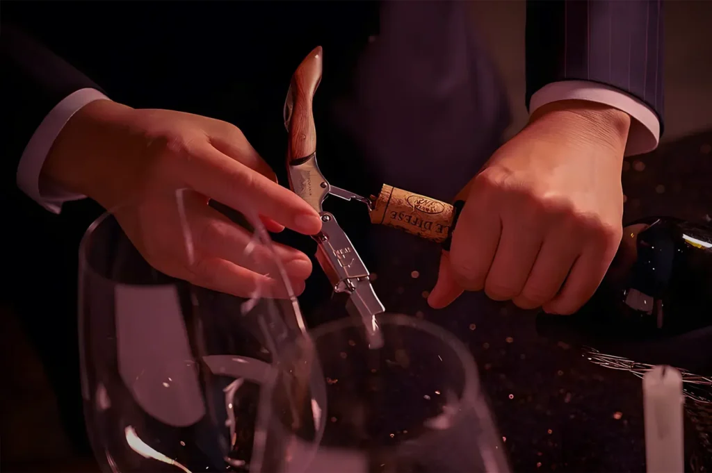 Hands opening a wine bottle with a corkscrew, set against a dark background. Two wine glasses are in the foreground, creating an elegant, intimate ambiance.