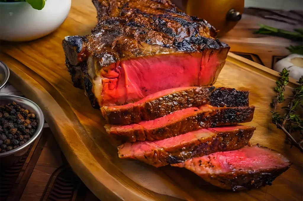Juicy medium-rare ribeye steak on a wooden board, with slices revealing a tender pink interior. Garnished with herbs, conveying a savory, appetizing tone.