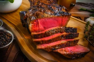Juicy medium-rare ribeye steak on a wooden board, with slices revealing a tender pink interior. Garnished with herbs, conveying a savory, appetizing tone.