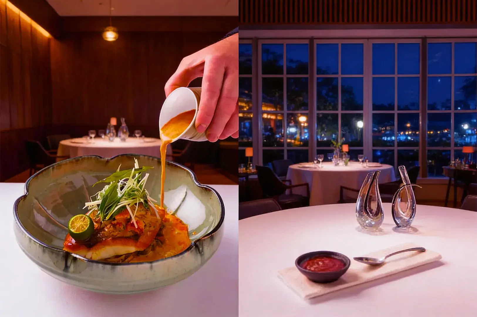 A hand pours sauce over a dish garnished with herbs and lime in a ceramic bowl on a dining table. The elegant restaurant interior is softly lit at night.