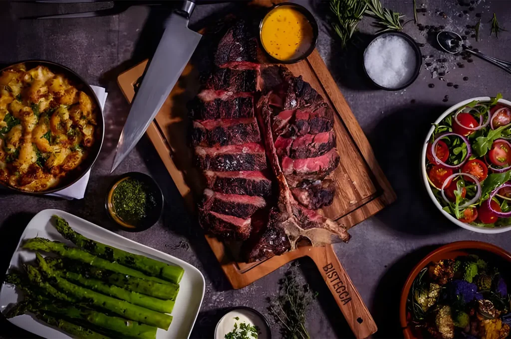 Grilled tomahawk steak sliced on wooden board with asparagus, mac and cheese, salad, and sauces at Bistecca Tuscan Steakhouse.