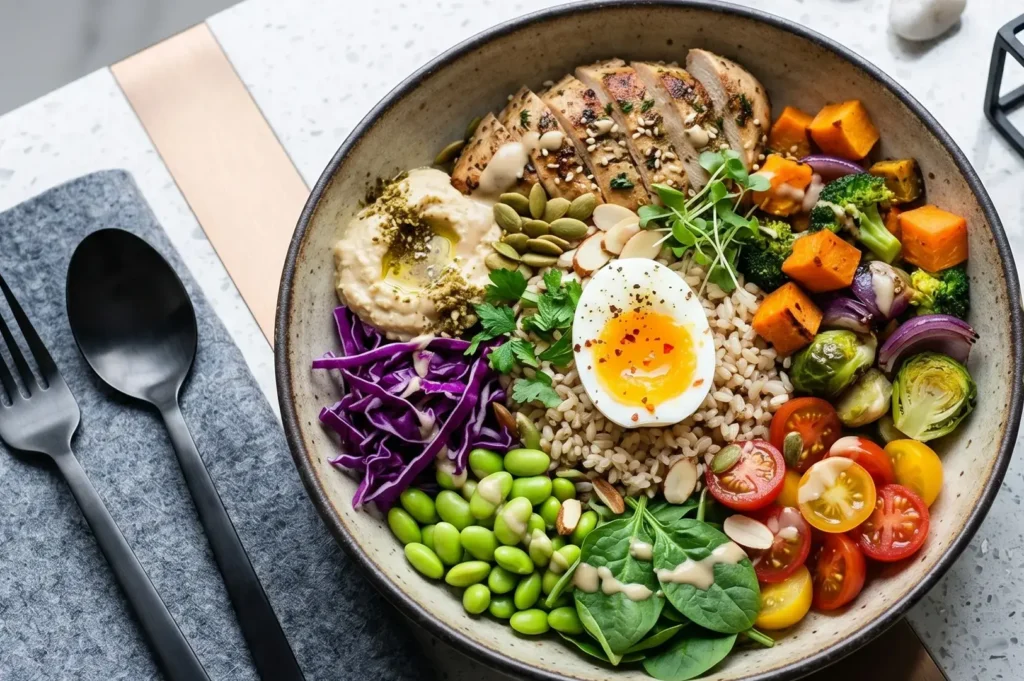 Healthy chicken Buddha bowl with brown rice, soft-boiled egg, hummus, and vegetables.