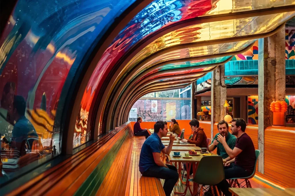 People sitting in a vibrant, colorful cafe with arched glass ceilings and modern wooden interior design.