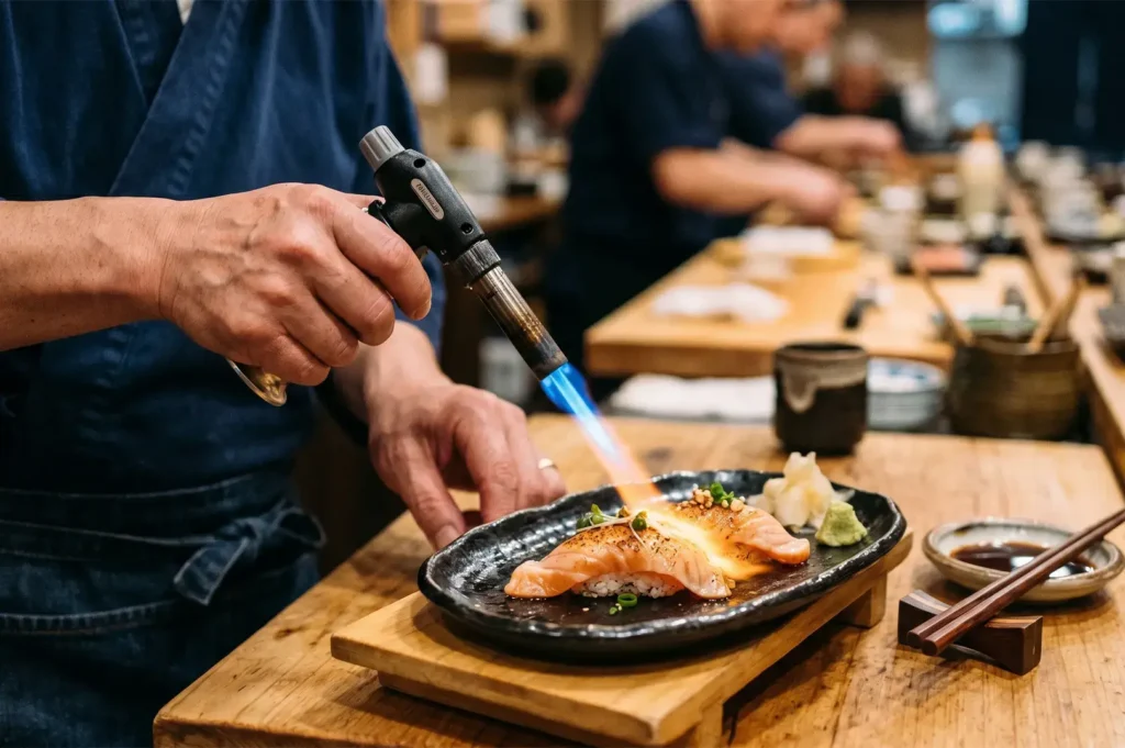 Sushi chef using a blowtorch to sear salmon nigiri on a black plate.