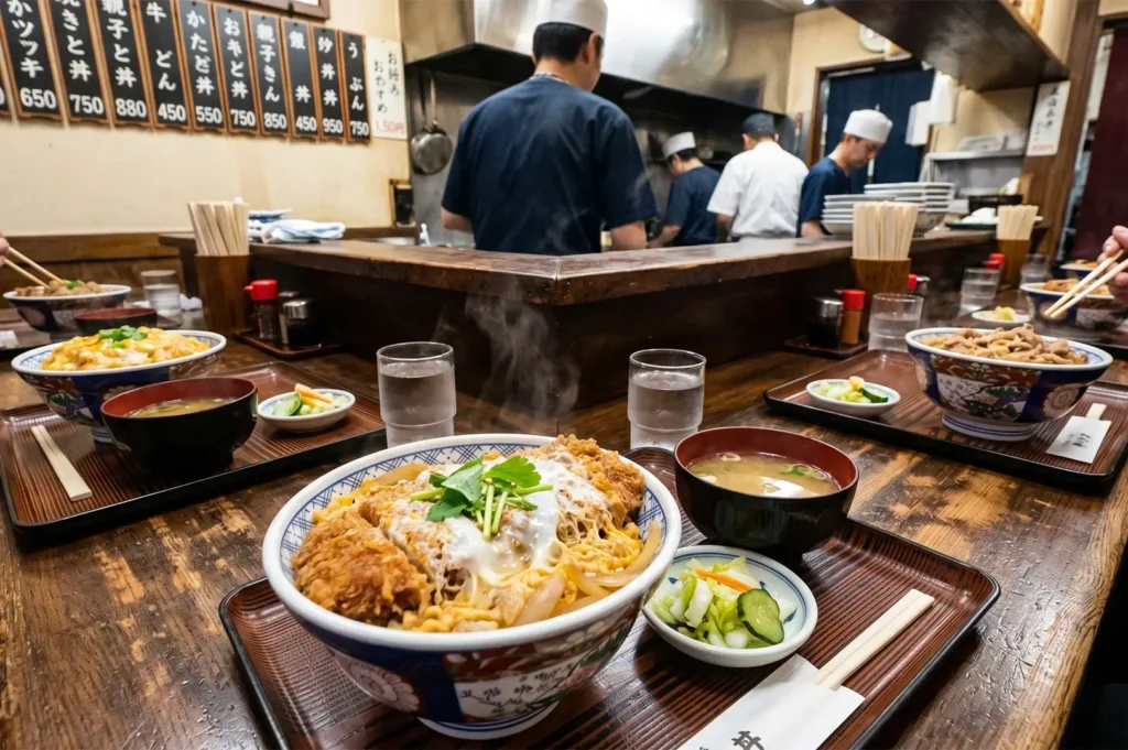 Japanese Katsudon pork cutlet bowl served at a traditional counter restaurant.