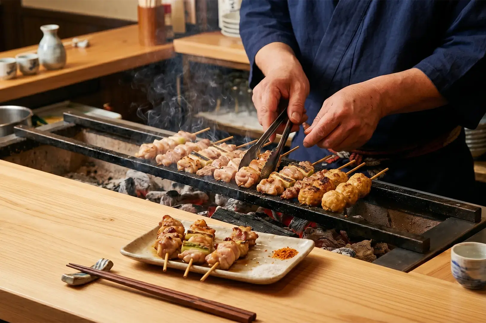 Japanese chef grilling yakitori chicken skewers over a charcoal binchotan grill at an izakaya restaurant counter.