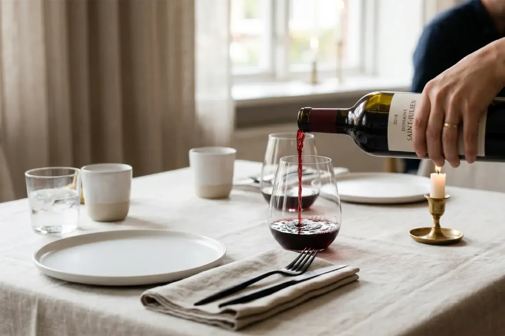 Hand pouring red wine from a Domaine Saint-Julien bottle into a glass on a beautifully set dining table with a linen tablecloth and candle.