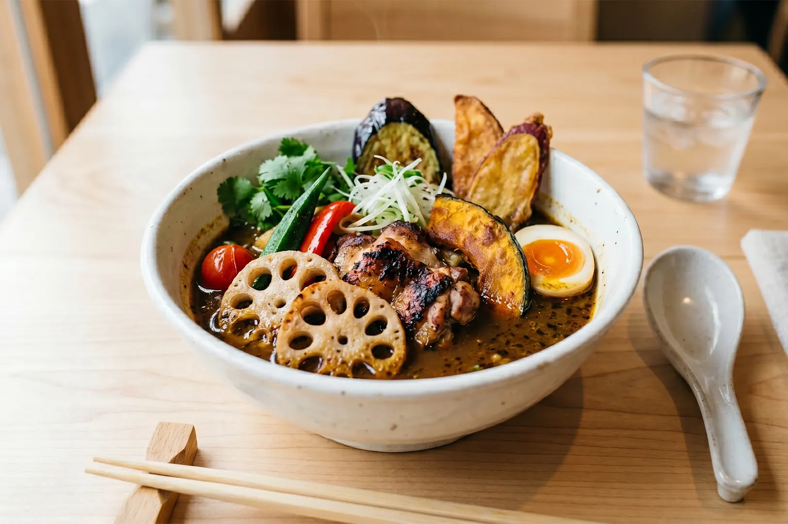 Japanese soup curry with grilled chicken, lotus root, pumpkin, and a soft-boiled egg in a white bowl.