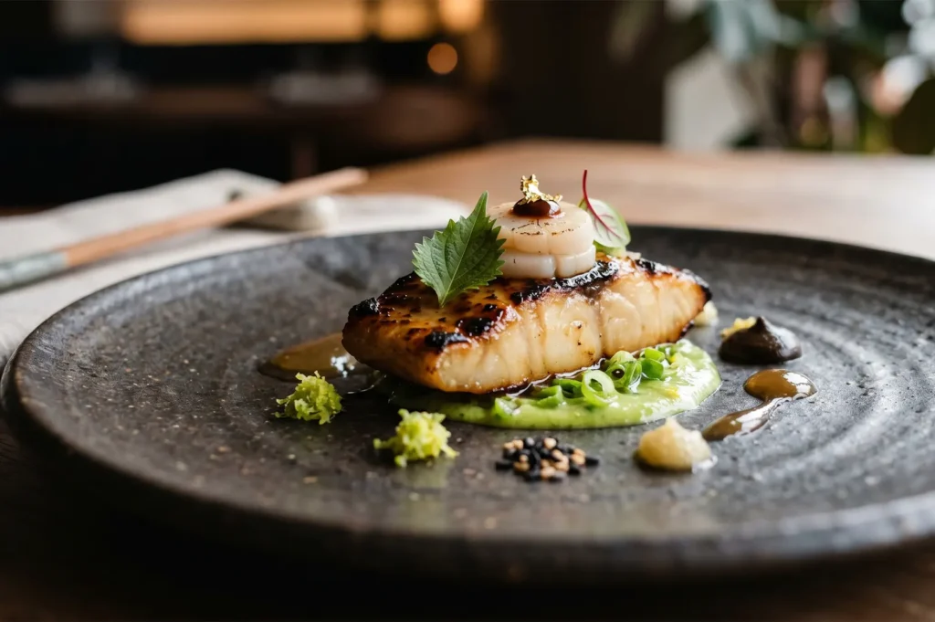 Pan-seared miso black cod fillet served with a seared scallop, garnished with a shiso leaf and gold leaf, resting on a bed of vibrant green puree on a dark ceramic plate.