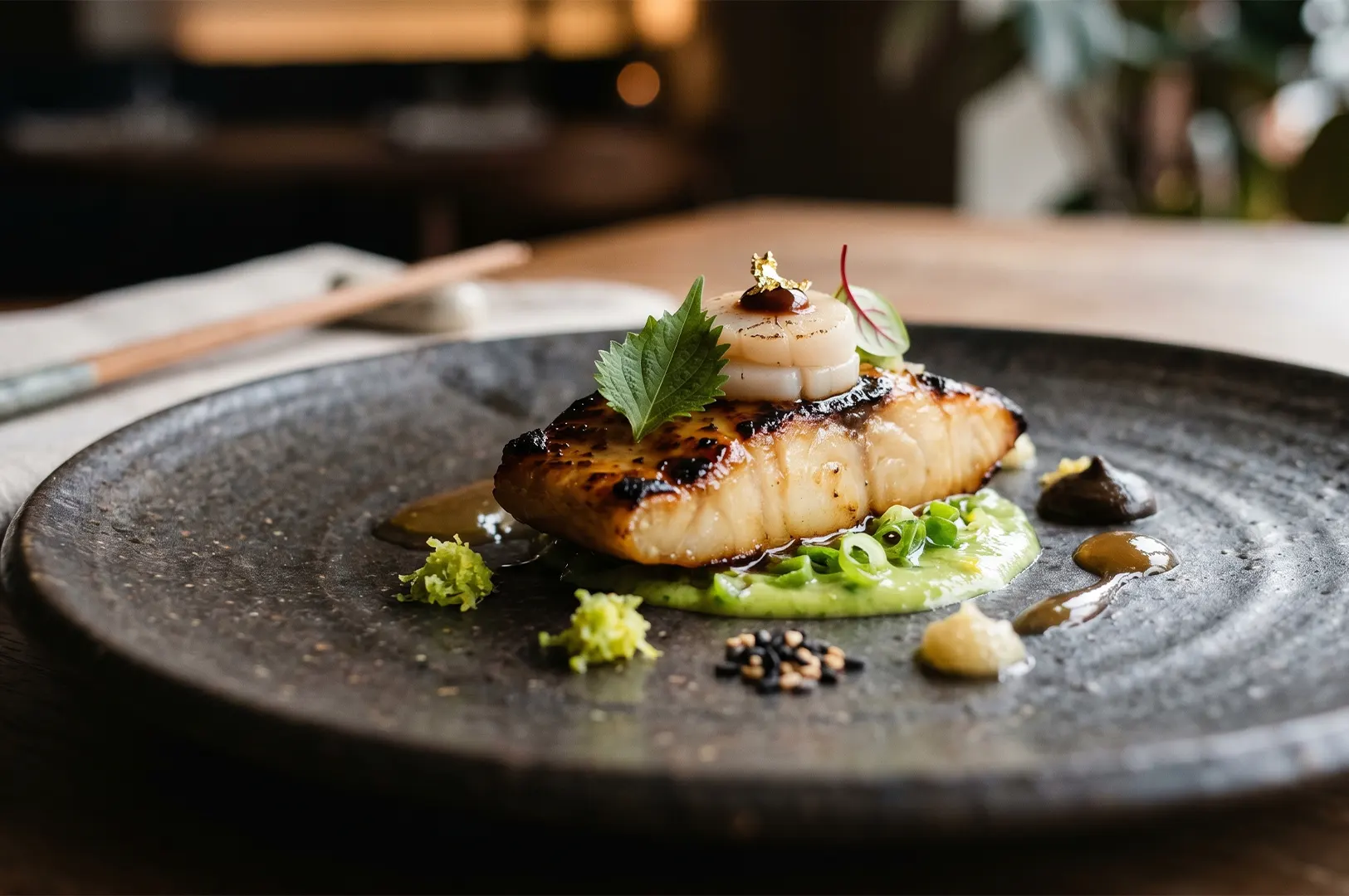 Pan-seared miso black cod fillet served with a seared scallop, garnished with a shiso leaf and gold leaf, resting on a bed of vibrant green puree on a dark ceramic plate.