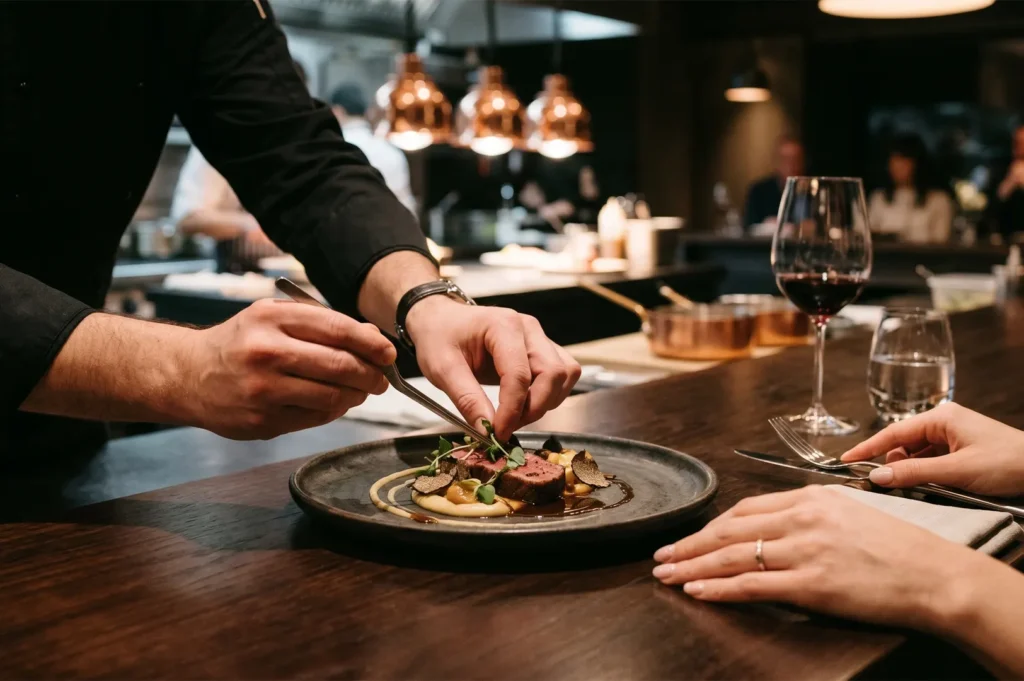 Chef plating a gourmet beef dish with tweezers in a high-end restaurant with a patron waiting at the counter.