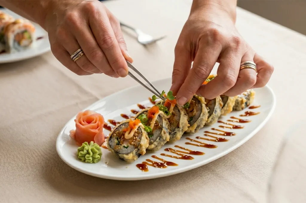 Chef using tweezers to garnish vegetable tempura sushi rolls with sprouts, ginger, and wasabi on a white plate.