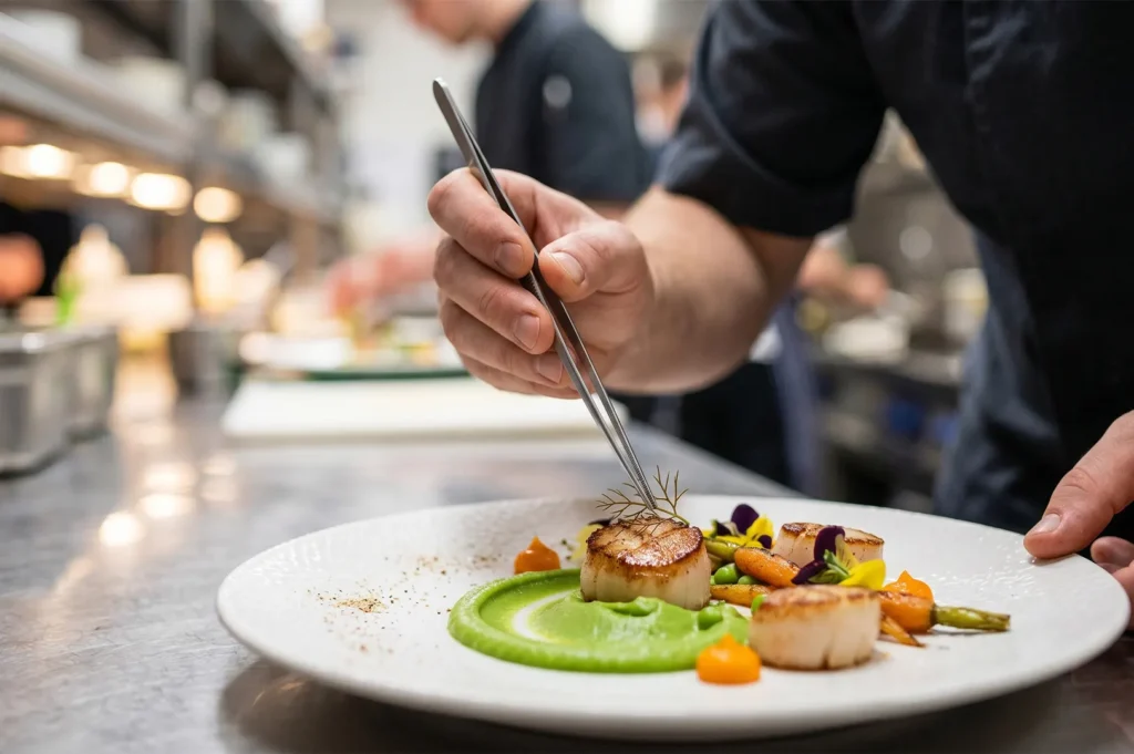 Professional chef using tweezers to garnish a gourmet plate of seared scallops with green puree.