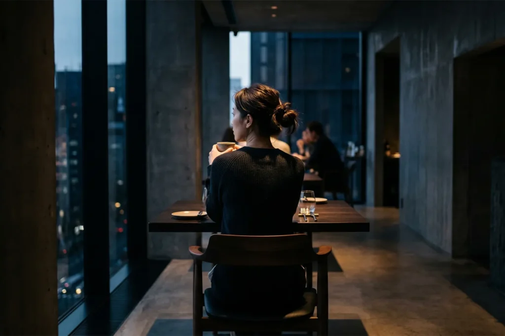A woman sitting alone at a restaurant table, holding a mug and looking out a large window at a city view at night.