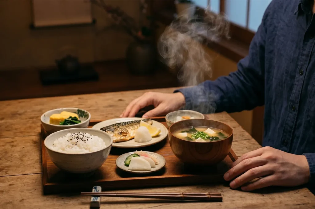 A traditional Japanese breakfast set served on a wooden tray with grilled mackerel, steaming miso soup, white rice, and pickles.