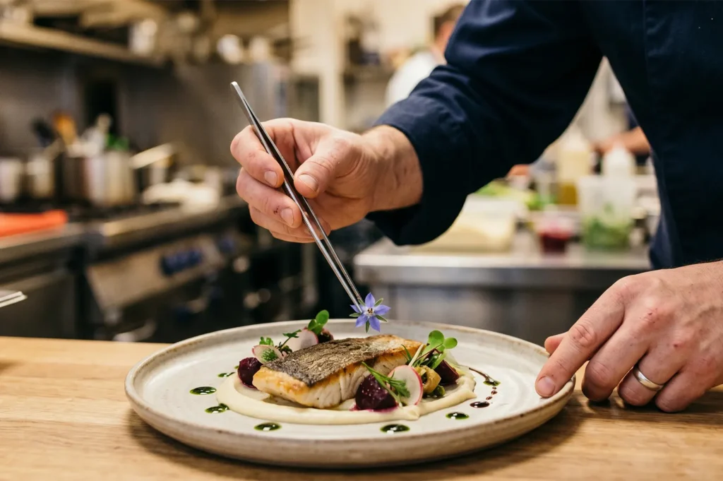 Chef using tweezers to garnish a gourmet fish dish with an edible flower in a professional kitchen.