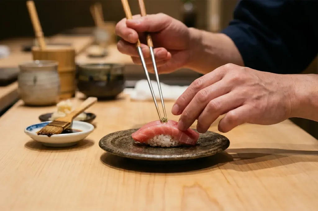 A sushi chef carefully placing wasabi on a piece of fresh tuna nigiri using chopsticks.