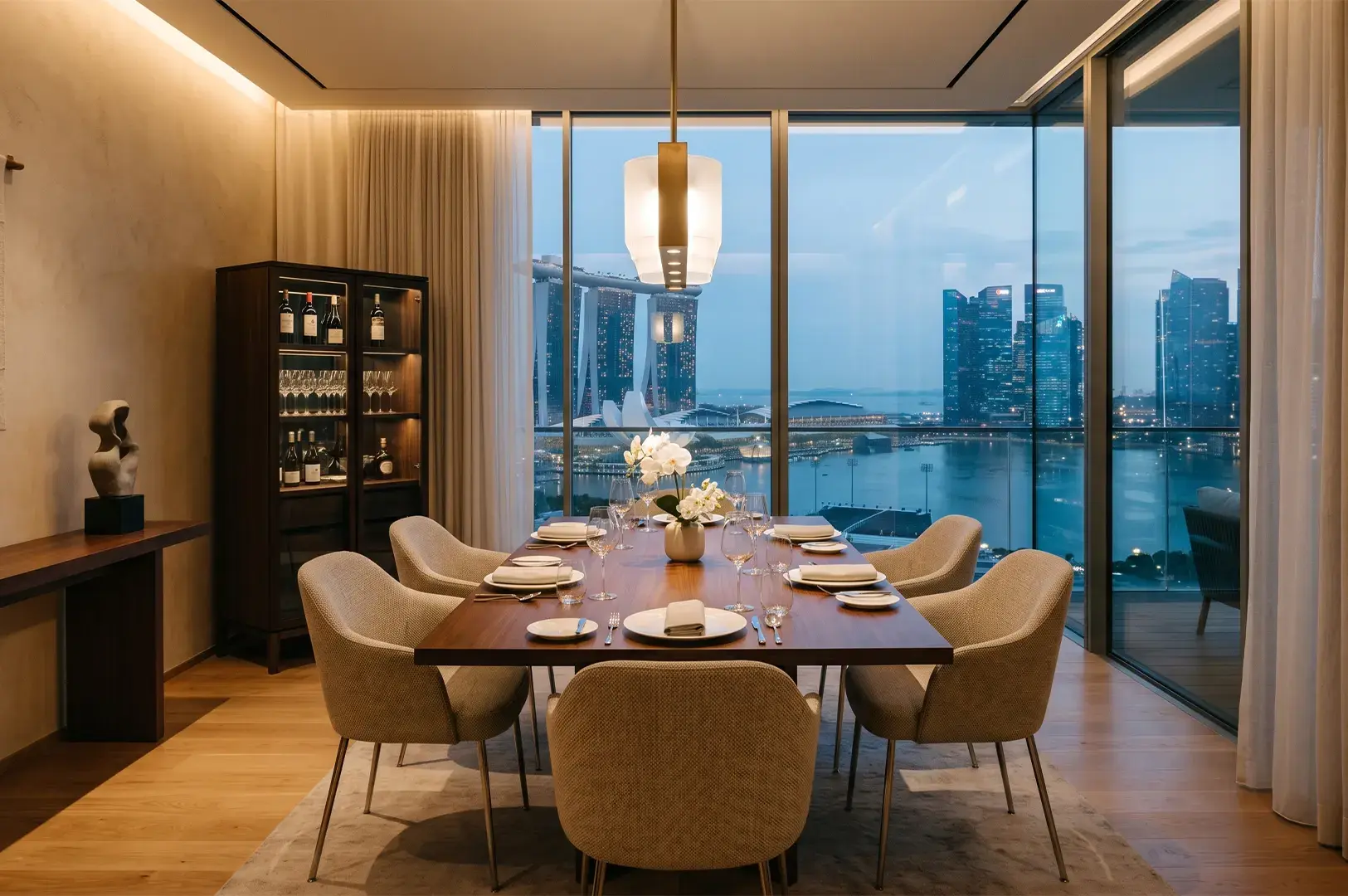 Modern dining room with a wooden table, fabric chairs, and a floor-to-ceiling view of the Singapore skyline at dusk.