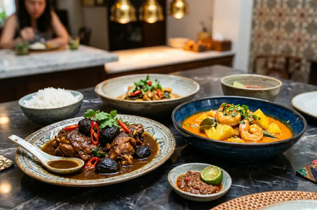 A spread of traditional Southeast Asian dishes including braised chicken with mushrooms, prawn curry with pineapple, and rice served on a marble dining table.