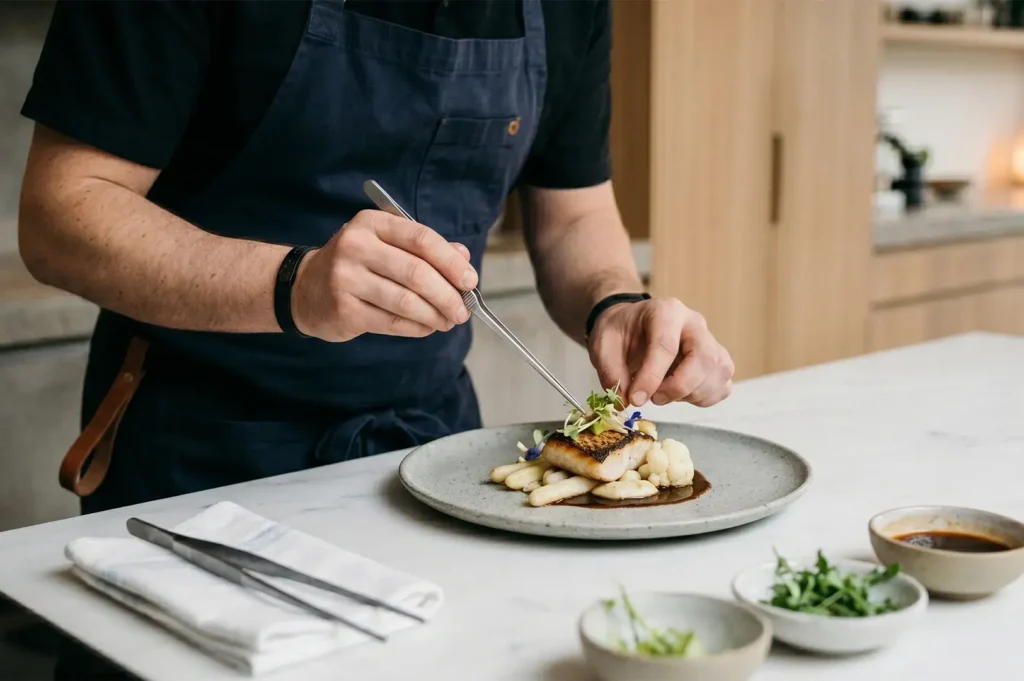 A chef wearing a dark apron using culinary tweezers to carefully plate a dish of seared fish and vegetables in a professional kitchen.