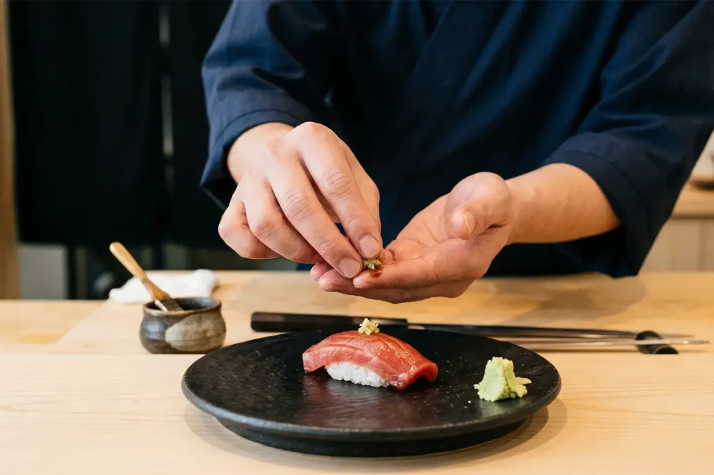 Chef carefully placing a small amount of fresh wasabi on a piece of nigiri sushi on a black plate.