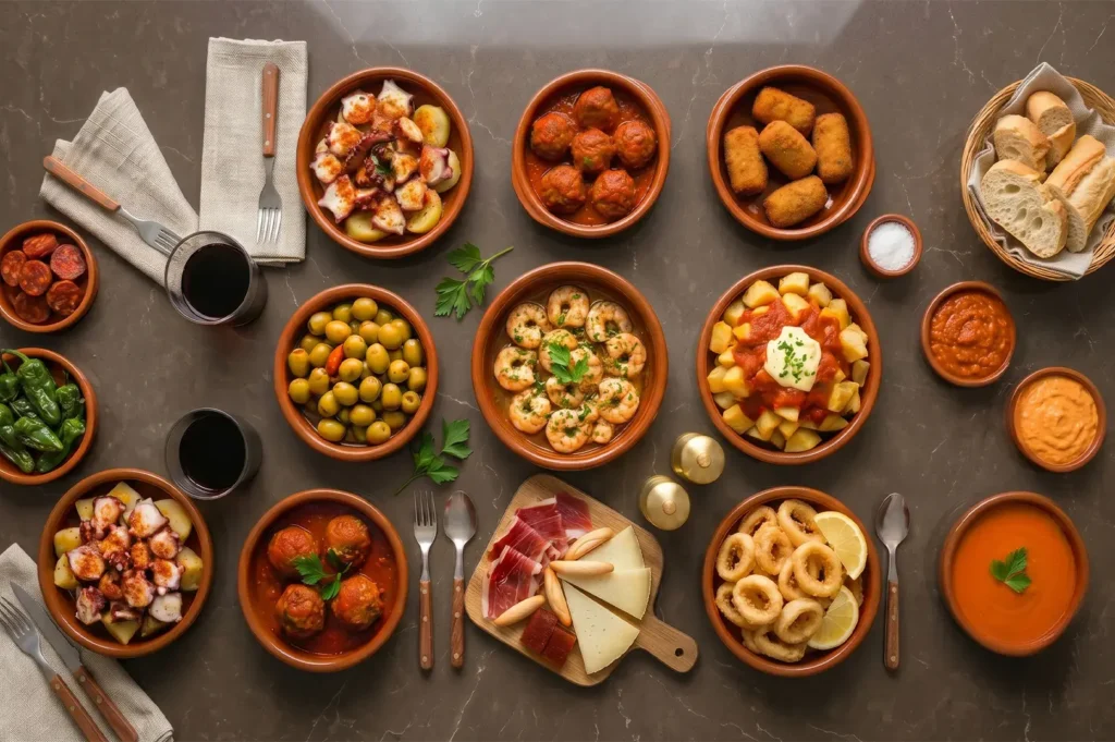 A table filled with a variety of traditional Spanish tapas, including patatas bravas, gambas al ajillo, meatballs, olives, and calamari.