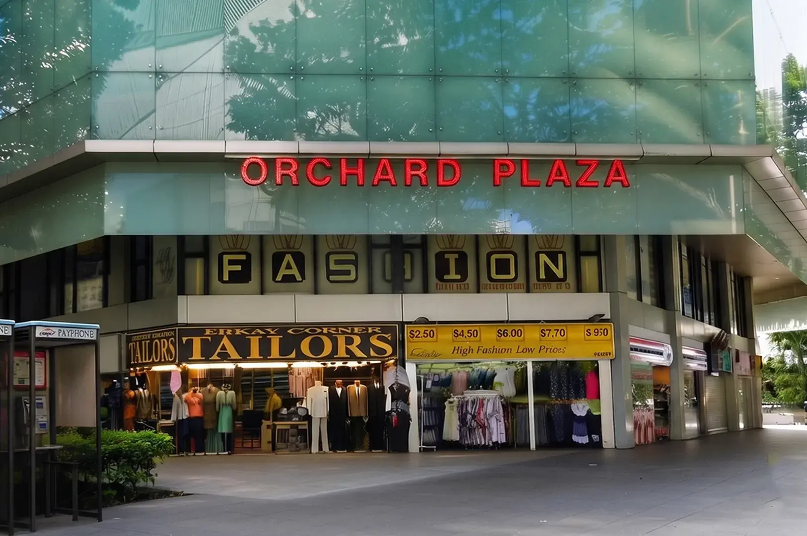 Exterior view of the Orchard Plaza shopping center featuring Erkay Corner Tailors and a fashion retail store in Singapore.