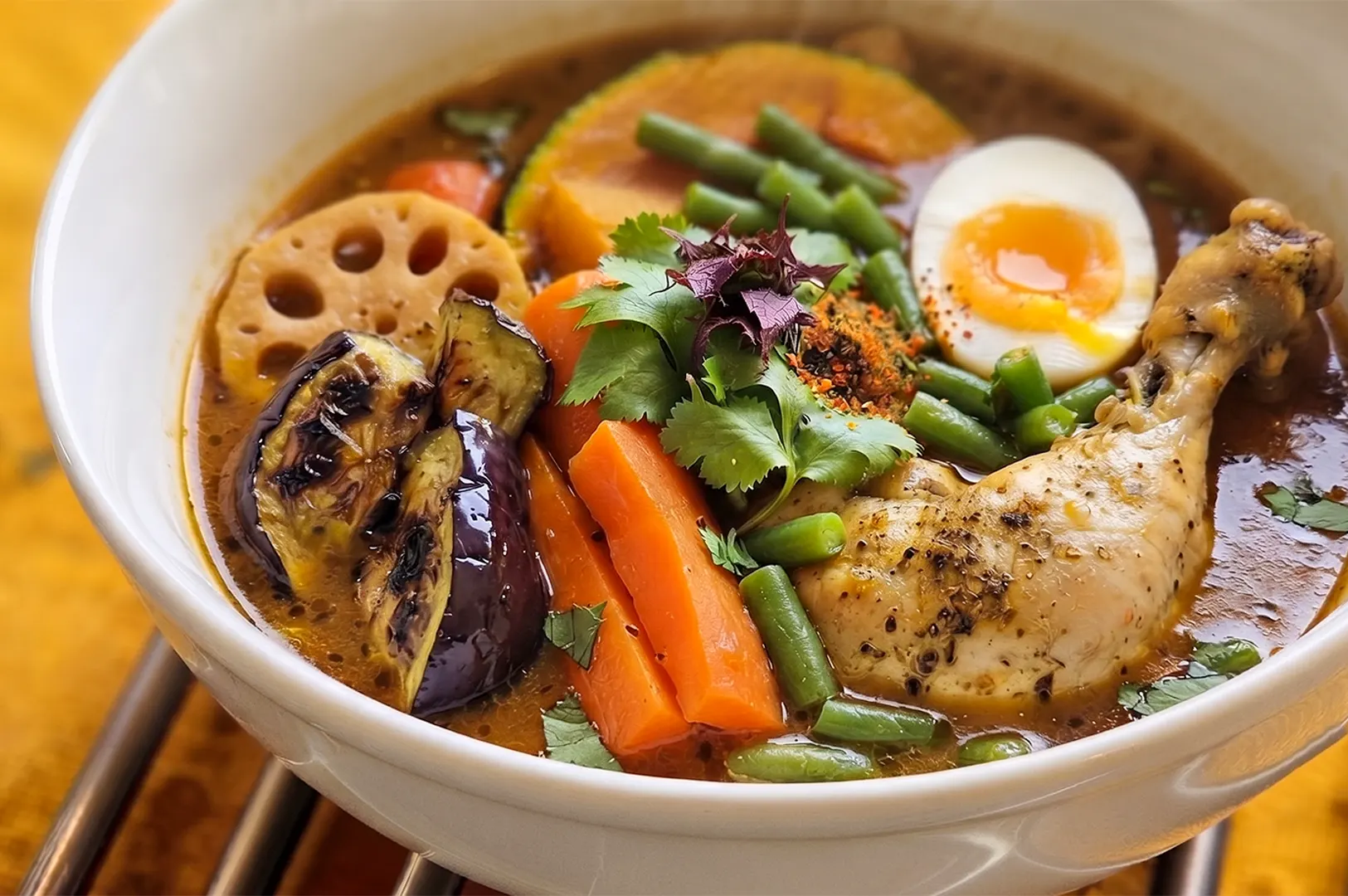 Bowl of Japanese soup curry with chicken, soft-boiled egg, and roasted vegetables.