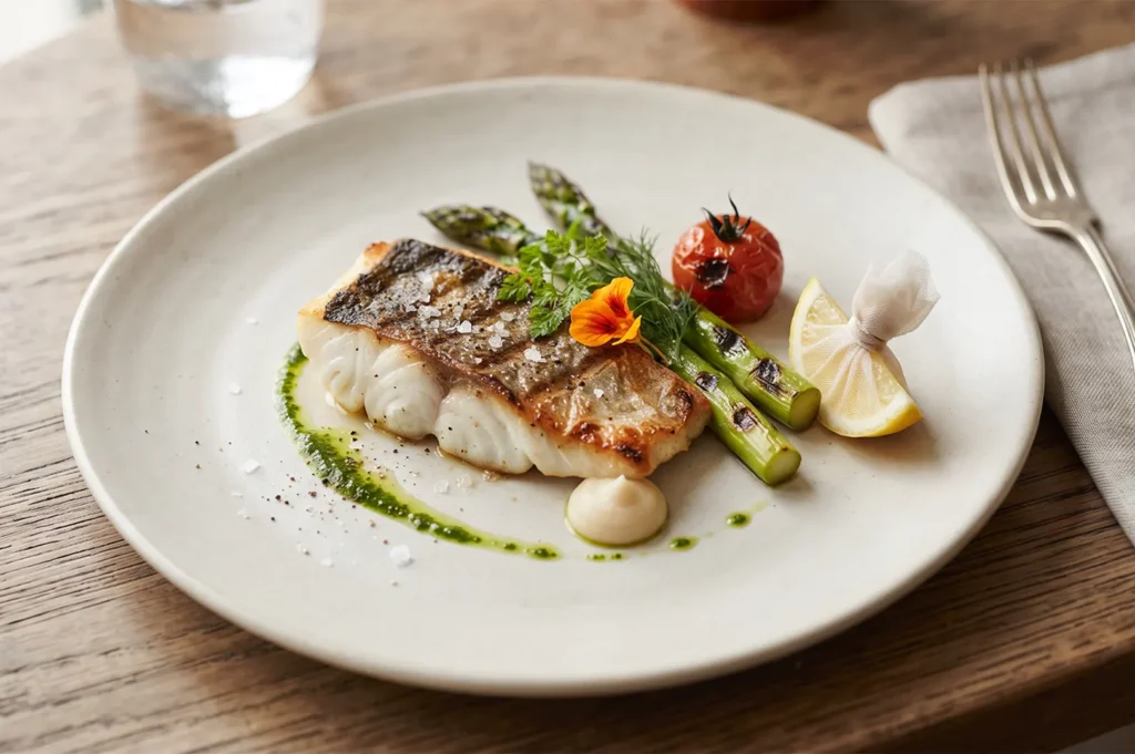 Pan-seared white fish fillet served with grilled asparagus, blistered tomato, and a lemon wedge on a white plate.