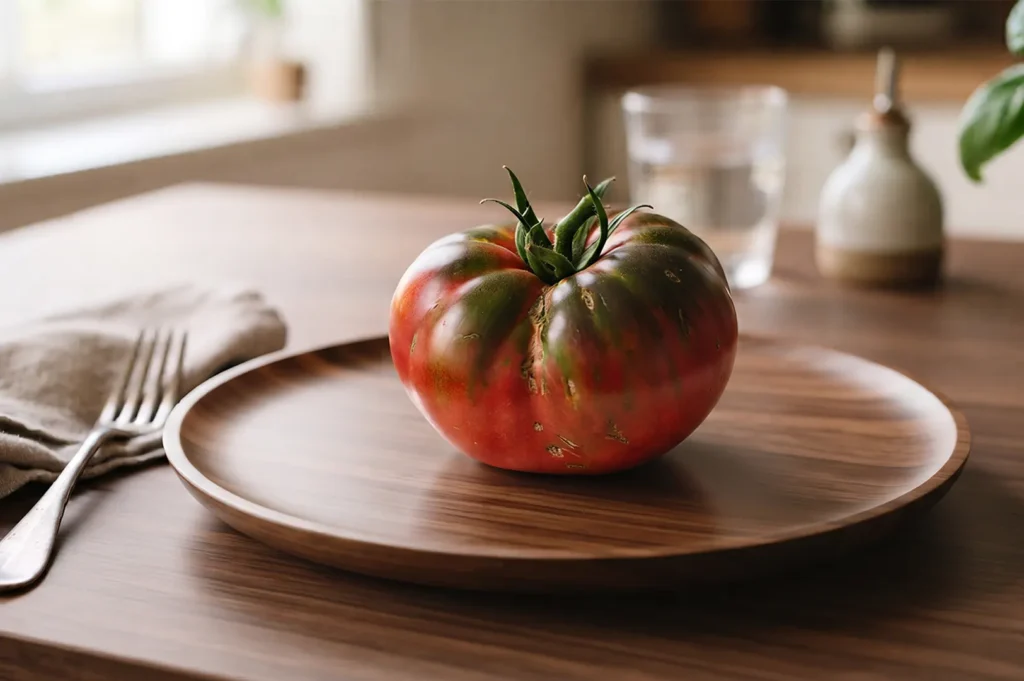 A fresh, ripe heirloom tomato sitting on a wooden plate on a kitchen table.